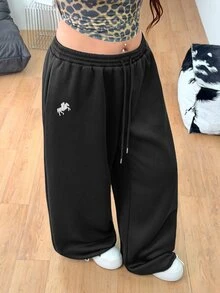 Coolane 男女款大尺碼秋冬街頭風休閒健身寬鬆中腰寬腿鬆緊腰帶黑色保暖運動長褲 - 黑色 - 查看 5
