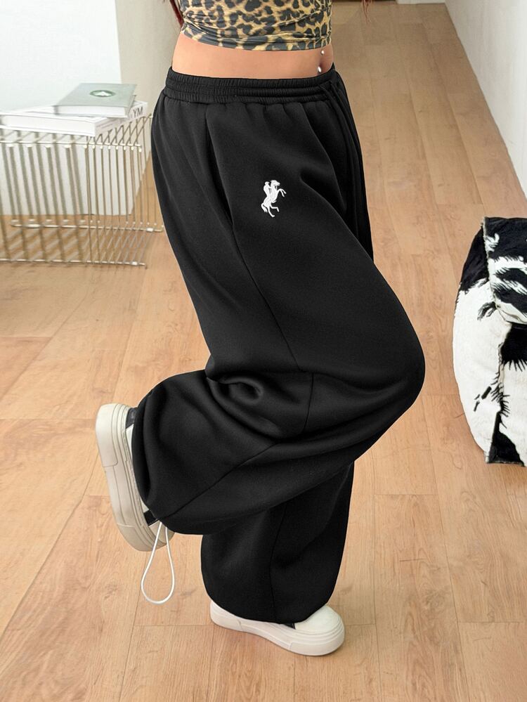 Coolane Women's Men's Plus Size Fall Winter Streetwear Casual Gym Baggy Mid Rise Wide Leg Elastic Waistband Black Warm Sweatpants - Black - View 3