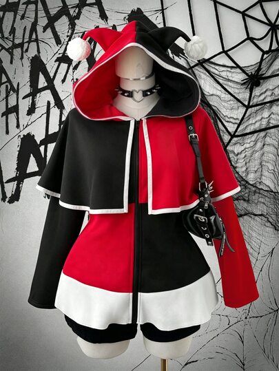 Sunspun Plus Size Halloween Colorblock Patchwork Hooded Cape Jacket Fall
