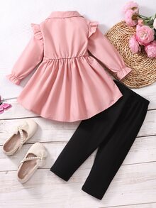 SHEIN Baby Girl Ruffle Trim Flounce Sleeve Half Button Blouse & Pants Autumn Fall - Multicolor - View 2