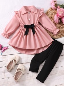 SHEIN Baby Girl Ruffle Trim Flounce Sleeve Half Button Blouse & Pants Autumn Fall - Multicolor - View 1