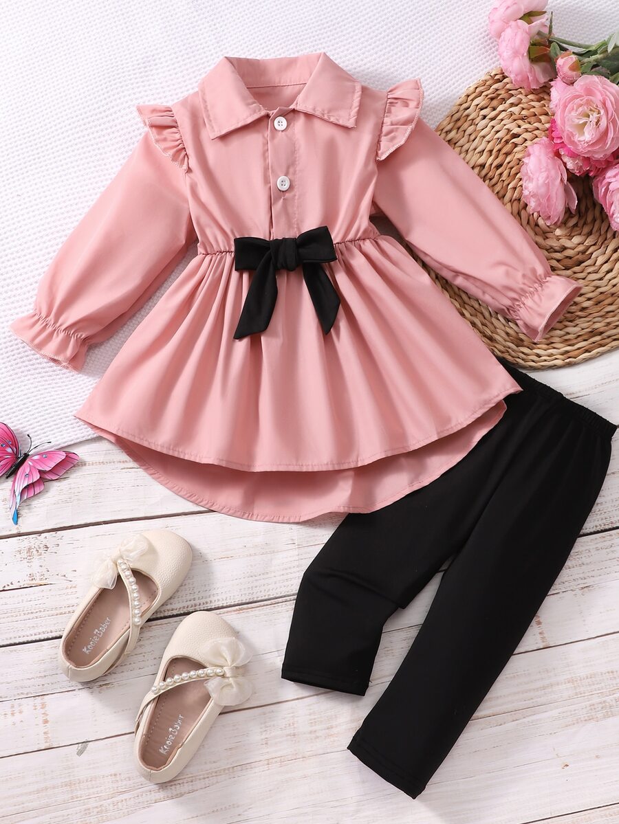 SHEIN Baby Girl Ruffle Trim Flounce Sleeve Half Button Blouse & Pants Autumn Fall - Multicolor - View 1