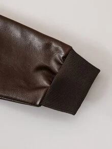 男童新款活力黑色PU皮革長袖拉鍊開襟外套，時尚刺繡圖案，舒適面料，時尚版型，秋冬新款，適合多季節與多場合，小男孩套裝，男童夏秋套裝 - 棕色 - 查看 3