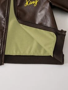 男童新款活力黑色PU皮革長袖拉鍊開襟外套，時尚刺繡圖案，舒適面料，時尚版型，秋冬新款，適合多季節與多場合，小男孩套裝，男童夏秋套裝 - 棕色 - 查看 6