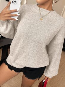 Elenzga 大码女式休闲宽松圆领长袖套头毛衣，修身显瘦，秋冬 - 卡其色 - 查看 4
