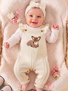 SHEIN Baby Girl Deer Pattern Cap Sleeve Casual Knit Romper - Beige - View 2
