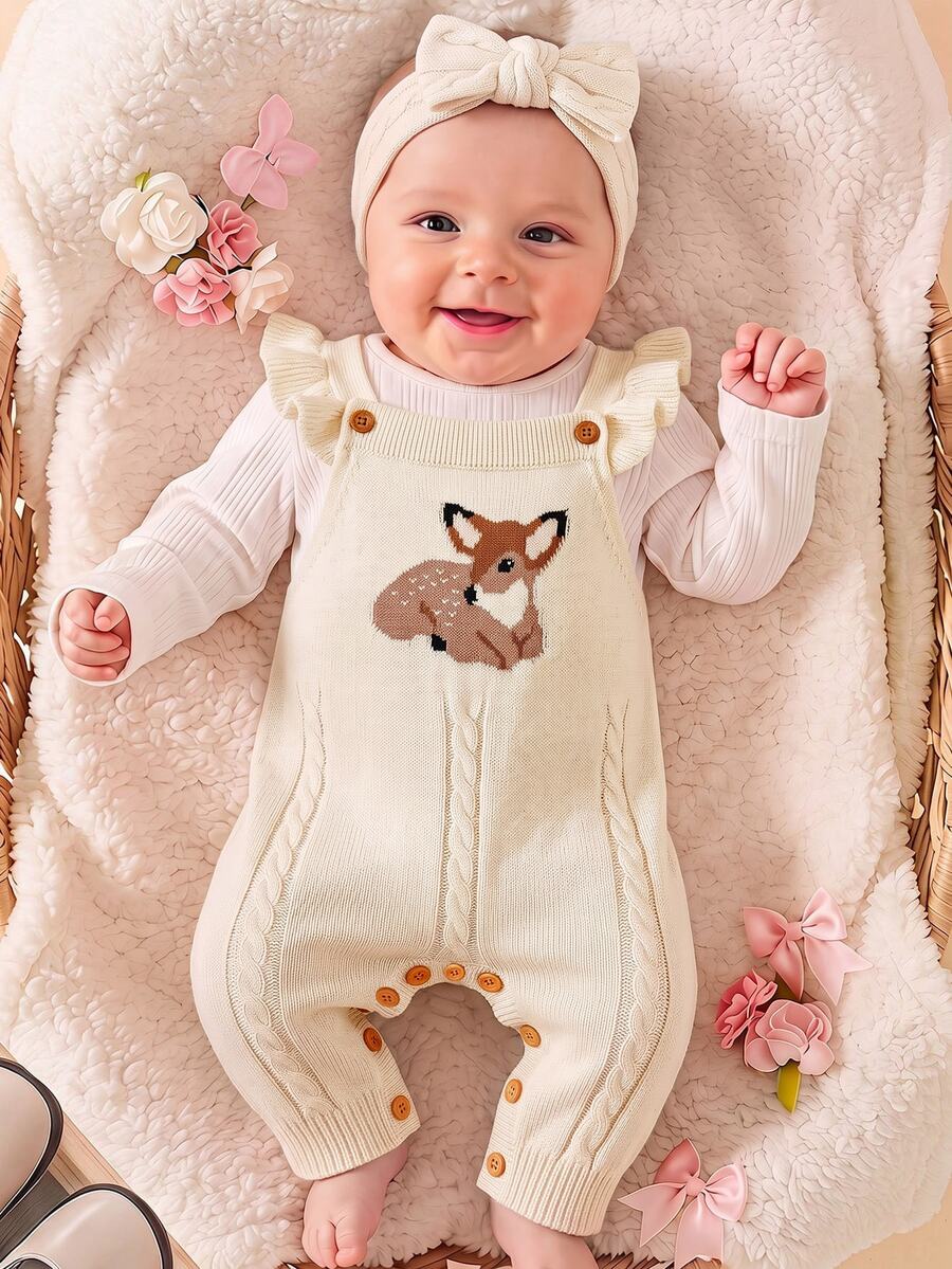 SHEIN Baby Girl Deer Pattern Cap Sleeve Casual Knit Romper - Beige - View 1