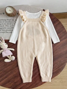 SHEIN Baby Girl Deer Pattern Cap Sleeve Casual Knit Romper - Beige - View 4