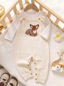 SHEIN Baby Girl Deer Pattern Cap Sleeve Casual Knit Romper - Beige - View 3
