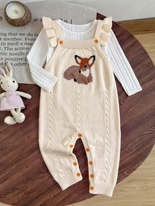 SHEIN Baby Girl Deer Pattern Cap Sleeve Casual Knit Romper - Beige - View 5