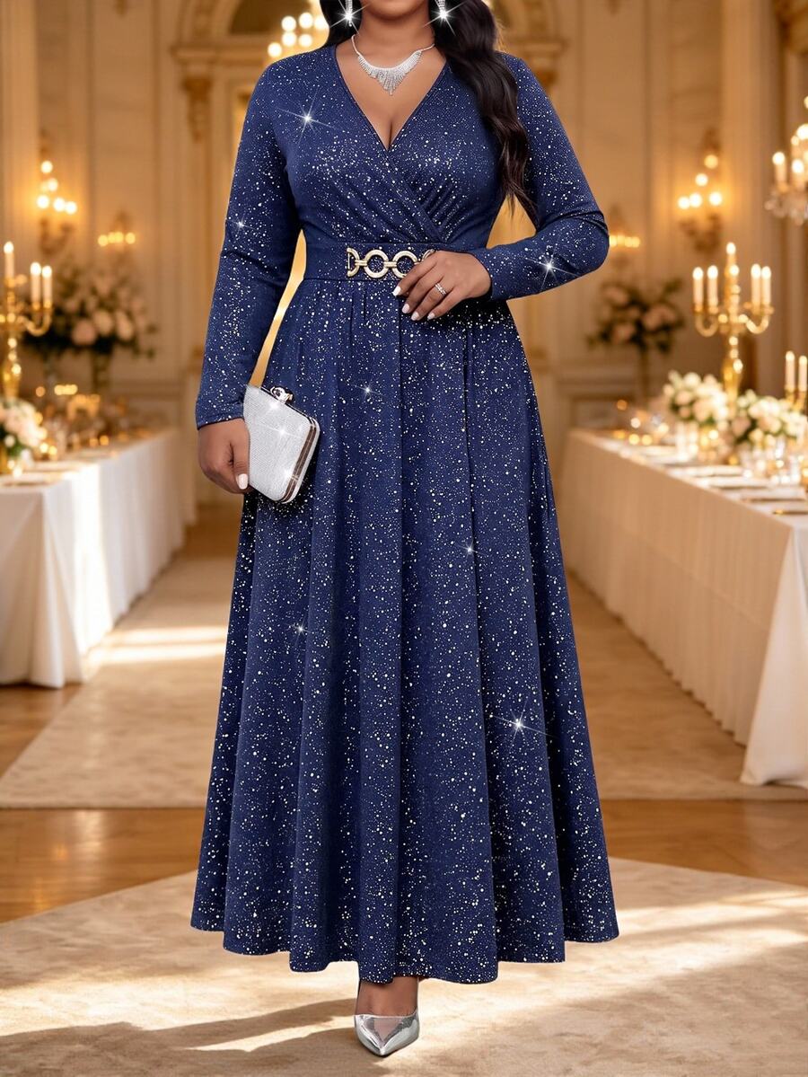 Fleurora Gaun Malam Elegan Ukuran Plus dengan Dekorasi Metalik Mengkilap - Navy Blue - View 1
