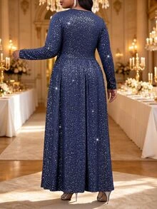 Fleurora Gaun Malam Elegan Ukuran Plus dengan Dekorasi Metalik Mengkilap - Navy Blue - View 2