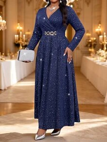 Fleurora Gaun Malam Elegan Ukuran Plus dengan Dekorasi Metalik Mengkilap - Navy Blue - View 3