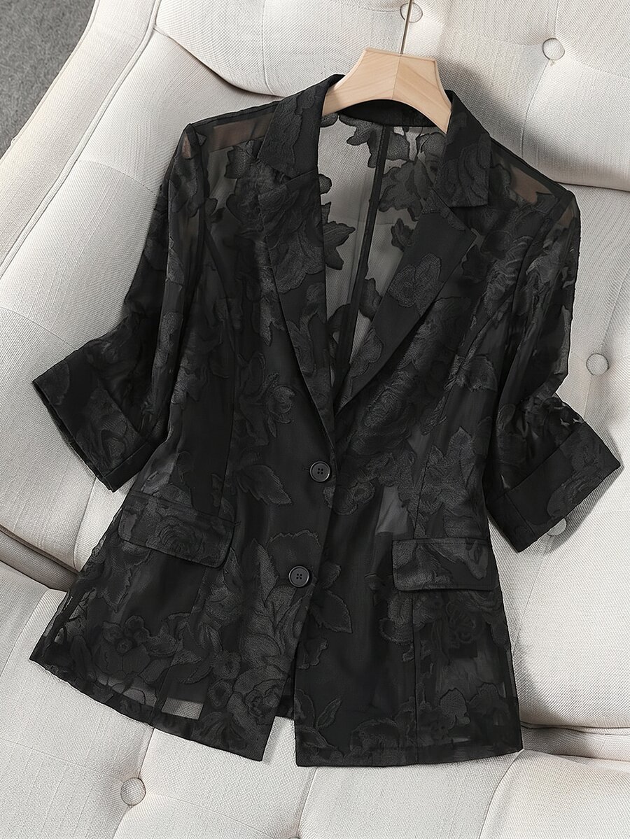 Franclia Blazer negro de manga 3/4 de chifón jacquard elegante, vintage, sexy y lindo para mujer de talla grande, primavera/verano - Negro - Ver 1