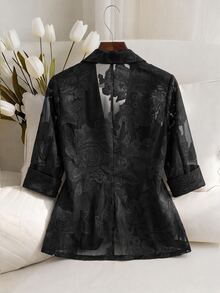 Franclia Blazer negro de manga 3/4 de chifón jacquard elegante, vintage, sexy y lindo para mujer de talla grande, primavera/verano - Negro - Ver 2
