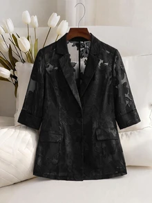 Franclia Blazer negro de manga 3/4 de chifón jacquard elegante, vintage, sexy y lindo para mujer de talla grande, primavera/verano - Negro - Ver 7
