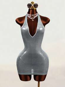 Mistrie Women's Summer Autumn Deep V Lace-Up Sexy Bodycon Glitter Sheer Midi Club Dress - Silver - View 5