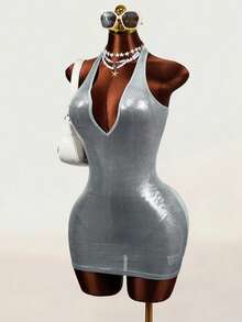 Mistrie Women's Summer Autumn Deep V Lace-Up Sexy Bodycon Glitter Sheer Midi Club Dress - Silver - View 4