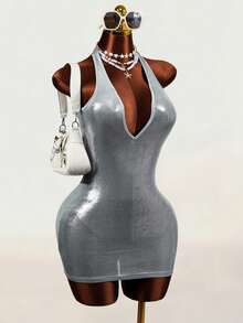 Mistrie Women's Summer Autumn Deep V Lace-Up Sexy Bodycon Glitter Sheer Midi Club Dress - Silver - View 6