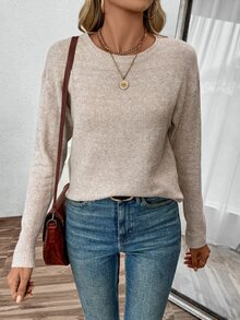 SHEIN PariChic 秋冬新款圆领宽松休闲针织毛衣，针织套头衫 - 杏色 - 查看 4