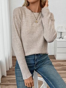 SHEIN PariChic 秋冬新款圆领宽松休闲针织毛衣，针织套头衫 - 杏色 - 查看 5