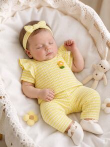 SHEIN Summer Two Pieces Set For Newborn Baby Girls: Red And White Stripe Knitted Round-Neck Ruffle T-Shirt With Floral Embroidery Short Sleeves + Long Pants - Yellow - View 4