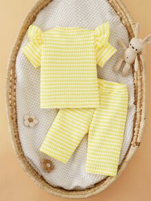 SHEIN Summer Two Pieces Set For Newborn Baby Girls: Red And White Stripe Knitted Round-Neck Ruffle T-Shirt With Floral Embroidery Short Sleeves + Long Pants - Yellow - View 3