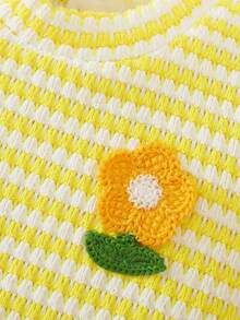 SHEIN Summer Two Pieces Set For Newborn Baby Girls: Red And White Stripe Knitted Round-Neck Ruffle T-Shirt With Floral Embroidery Short Sleeves + Long Pants - Yellow - View 9