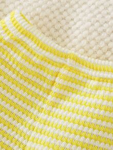 SHEIN Summer Two Pieces Set For Newborn Baby Girls: Red And White Stripe Knitted Round-Neck Ruffle T-Shirt With Floral Embroidery Short Sleeves + Long Pants - Yellow - View 10