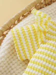 SHEIN Summer Two Pieces Set For Newborn Baby Girls: Red And White Stripe Knitted Round-Neck Ruffle T-Shirt With Floral Embroidery Short Sleeves + Long Pants - Yellow - View 6