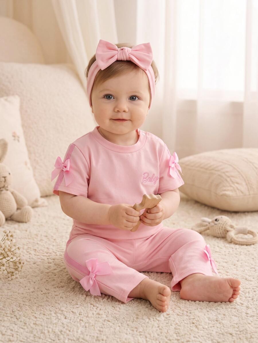 SHEIN Sweet Pink Short-Sleeve And Shorts Set For Baby Girls With Cute Embroidery And Baby Bow Work Summer Cute Kawaii