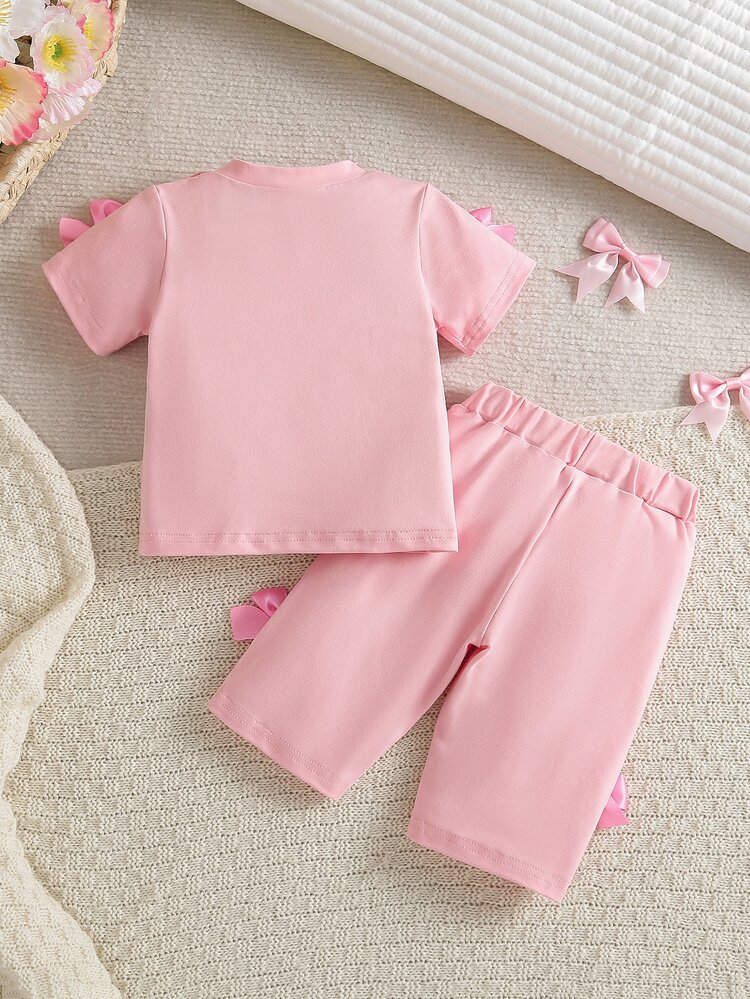 SHEIN Sweet Pink Short-Sleeve And Shorts Set For Baby Girls With Cute Embroidery And Baby Bow Work Summer Cute Kawaii - Baby Pink - View 3