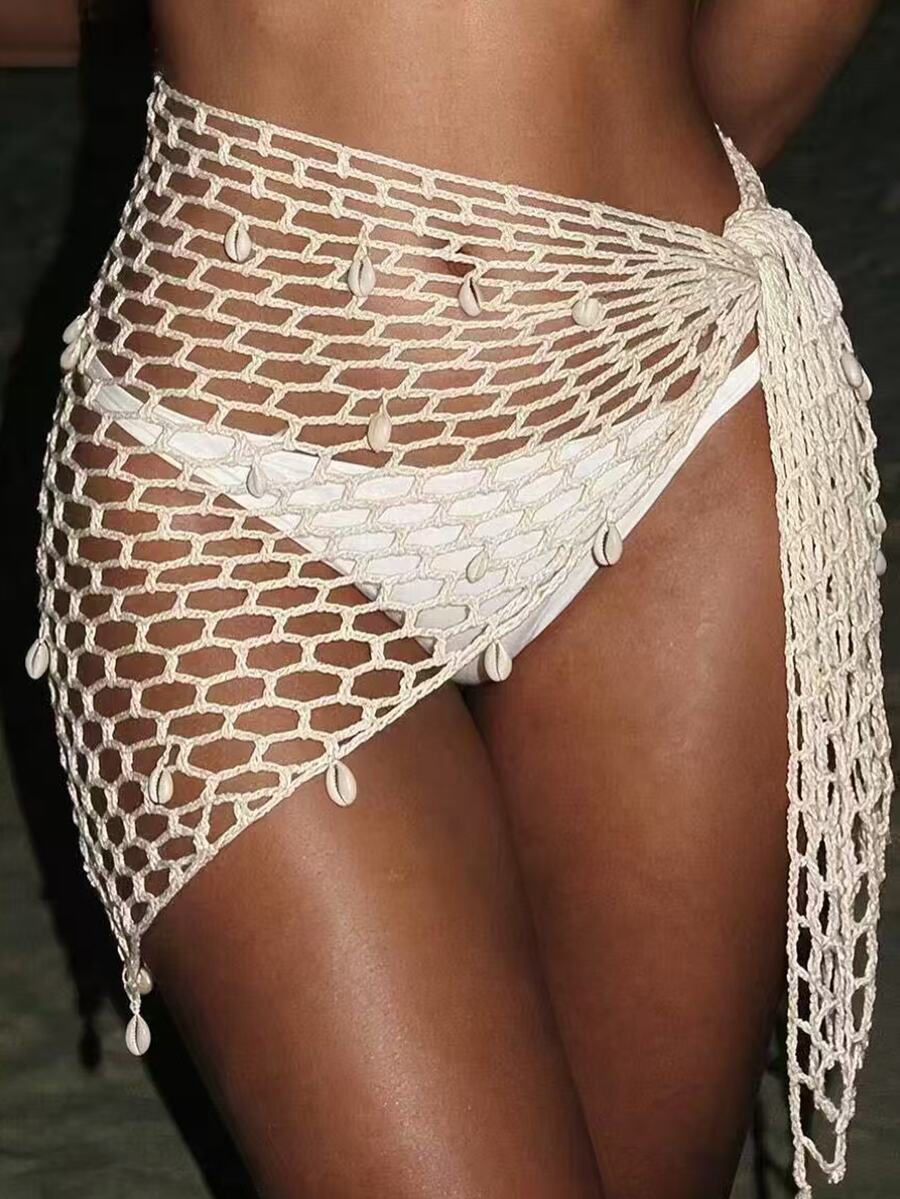 SHEIN Swim 1 件打結側鉤編罩裙 - 杏色 - 查看 1