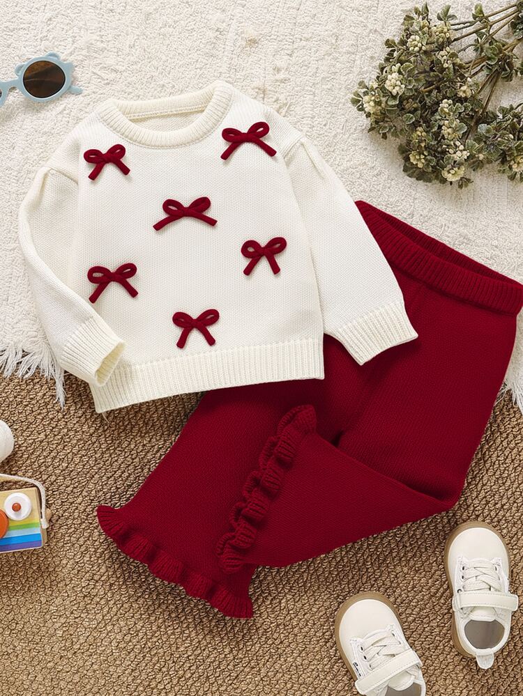 SHEIN Cute & Sweet Casual 3D Bow Contrast Color Frill Trim Loose Knit Sweater Set For Young Girl Autumn Fall Pullover - Red - View 8