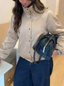 Aloruh 女款優雅休閒插肩袖夾克，卡其色，百搭街頭風立領，適合日常通勤、旅行、外出，秋季穿搭 - 卡其色 - 查看 8