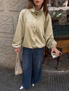 Aloruh 女款優雅休閒插肩袖夾克，卡其色，百搭街頭風立領，適合日常通勤、旅行、外出，秋季穿搭 - 卡其色 - 查看 4