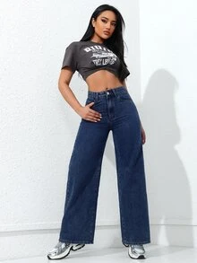 Jeanoix Cowgirl Outfit Plus Size Y2K Celana Jeans Biru Tanpa Elastis Model Lurus untuk Wanita - Dark Wash - View 4