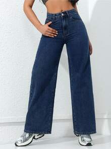 Jeanoix Cowgirl Outfit Plus Size Y2K Celana Jeans Biru Tanpa Elastis Model Lurus untuk Wanita - Dark Wash - View 1