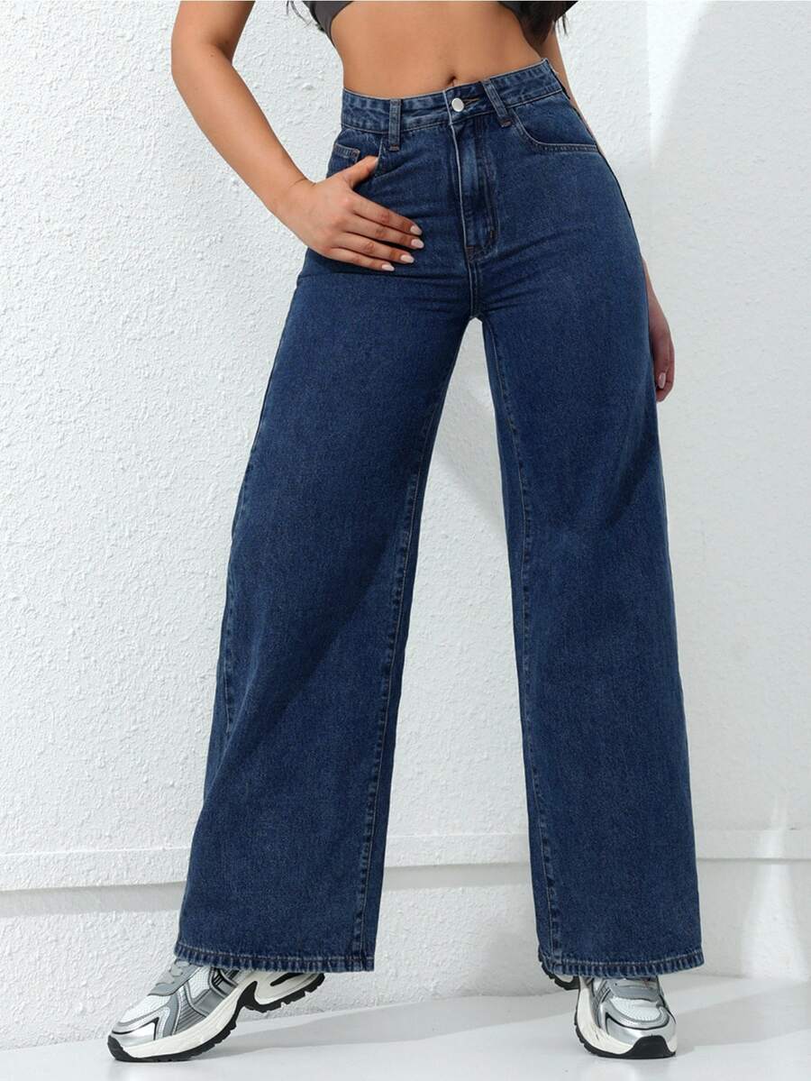 Jeanoix Cowgirl Outfit Plus Size Y2K Celana Jeans Biru Tanpa Elastis Model Lurus untuk Wanita - Dark Wash - View 1