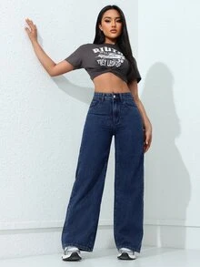 Jeanoix Cowgirl Outfit Plus Size Y2K Celana Jeans Biru Tanpa Elastis Model Lurus untuk Wanita - Dark Wash - View 8