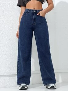 Jeanoix Cowgirl Outfit Plus Size Y2K Celana Jeans Biru Tanpa Elastis Model Lurus untuk Wanita - Dark Wash - View 3