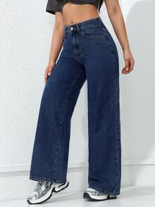 Jeanoix Cowgirl Outfit Plus Size Y2K Celana Jeans Biru Tanpa Elastis Model Lurus untuk Wanita - Dark Wash - View 7