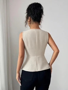Elenzga New Stylish Metal Buckle Design V-Neck Sleeveless Blouse, Waist Cinching, Versatile For Women, Summer - Apricot - View 2
