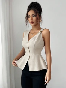 Elenzga New Stylish Metal Buckle Design V-Neck Sleeveless Blouse, Waist Cinching, Versatile For Women, Summer - Apricot - View 3