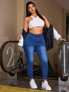 SHEIN ICON Plus Size Button Pockets Slim Fit Casual Denim Jeans - Medium Wash - View 5