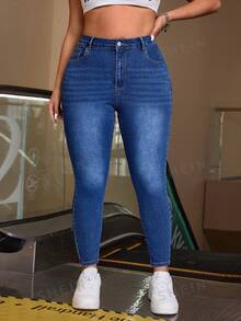 SHEIN ICON Plus Size Button Pockets Slim Fit Casual Denim Jeans - Medium Wash - View 6
