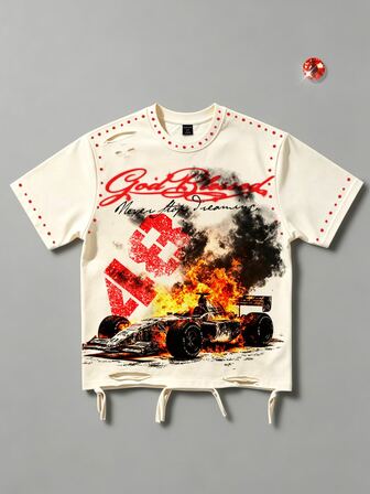 Street Life Camiseta casual de moda para hombre con adorno de pedrería pesada, manga corta y cuello redondo