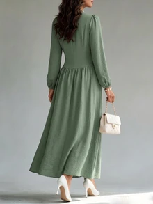 Editum Gaun Wanita Elegan Kasual Kancing Lipit Pinggang Lengan Panjang untuk Kantor/Brunch, Warna Hijau Sage, Musim Gugur - Dark Green - View 3