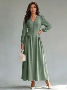 Editum Gaun Wanita Elegan Kasual Kancing Lipit Pinggang Lengan Panjang untuk Kantor/Brunch, Warna Hijau Sage, Musim Gugur - Dark Green - View 5