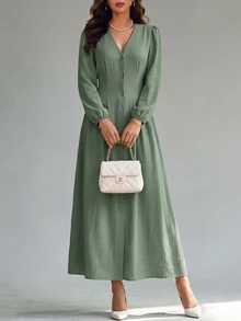 Editum Gaun Wanita Elegan Kasual Kancing Lipit Pinggang Lengan Panjang untuk Kantor/Brunch, Warna Hijau Sage, Musim Gugur - Dark Green - View 7